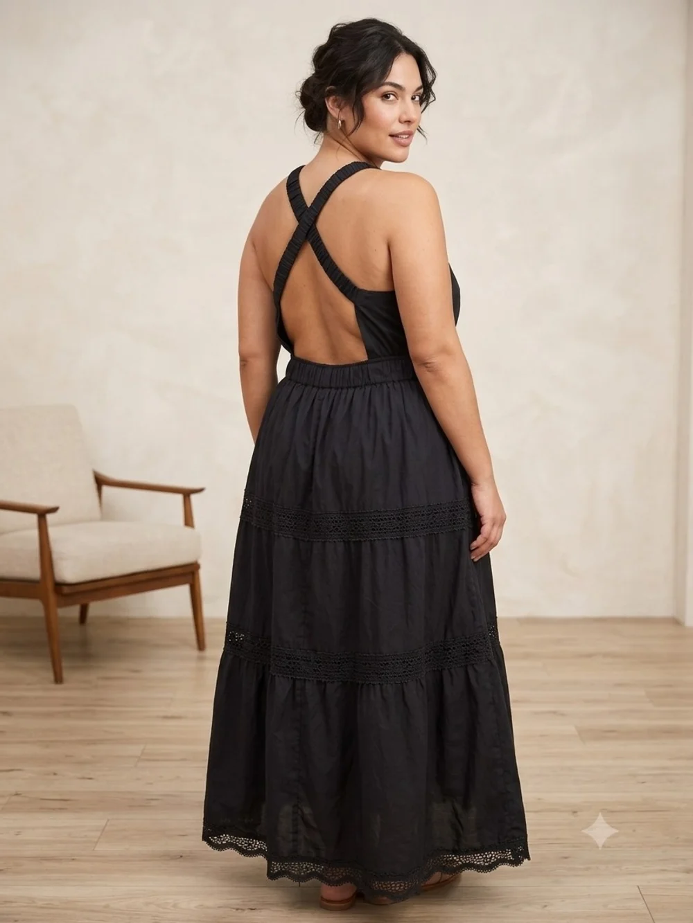 Abercrombie & Fitch Black Tiered Maxi Dress XL Pocket Crochet Cross Back Prairie